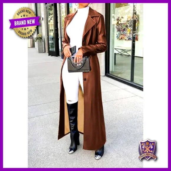 Faux Leather Trench Coat Mid Length Motorcycle Jacket Chic Streetwear